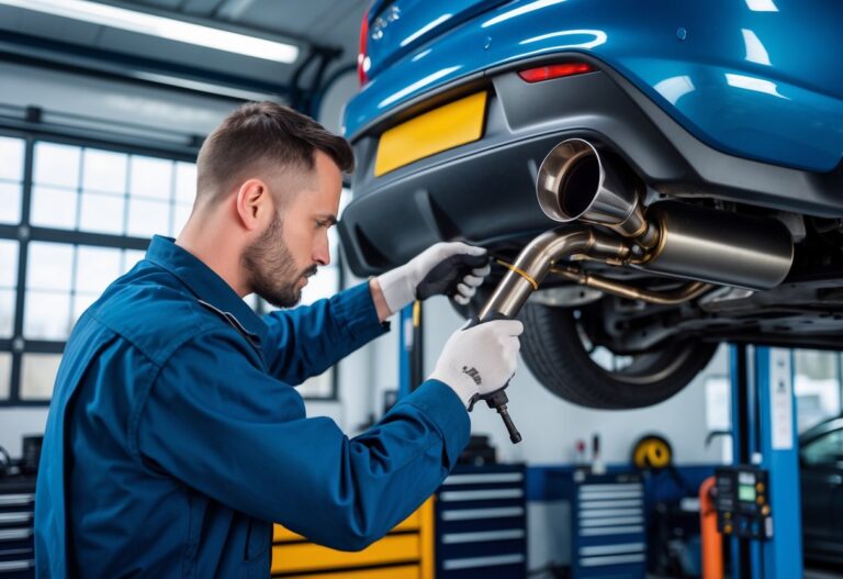 A mechanic working on a car's exhaust system in a clean automotive workshop with a Northern Ireland flag visible in the background.
