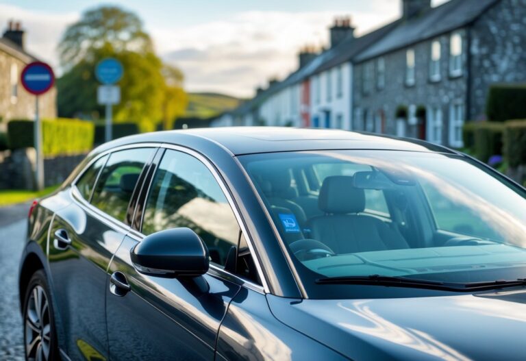 A modern car with tinted windows parked on a street in Ireland with green countryside and stone buildings in the background.
