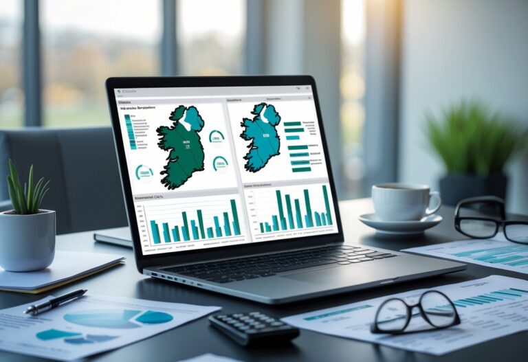 A modern office desk with a laptop showing financial charts and a map of Ireland, surrounded by documents and a calculator.