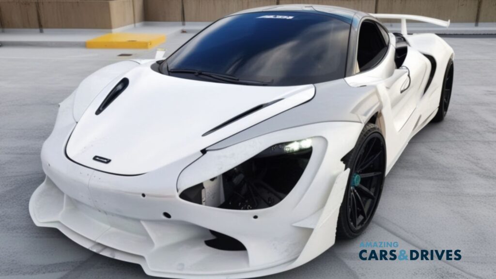 A white, high-performance sports car with black accents, possibly inspired by 3D-printed cars, parked on a rooftop parking lot; "Amazing Cars & Drives" logo in the corner.
