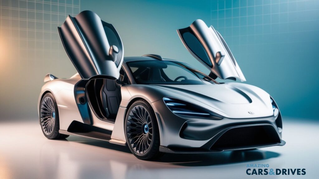 A silver 3D sports car with butterfly doors open, displayed in a studio setting with a blue gradient background and grid pattern. "Amazing Cars & Drives" logo is visible in the corner.