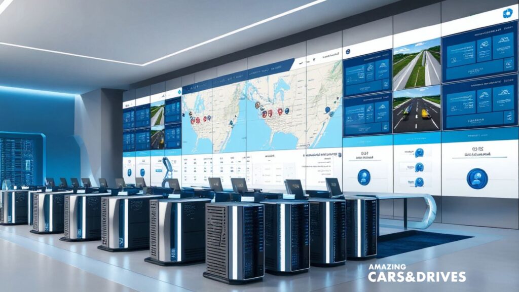A modern control room with multiple computer workstations facing a large digital wall display showing maps, data, and charts powered by AI in Fleet Management. The "Amazing Cars & Drives" logo is visible in the corner.