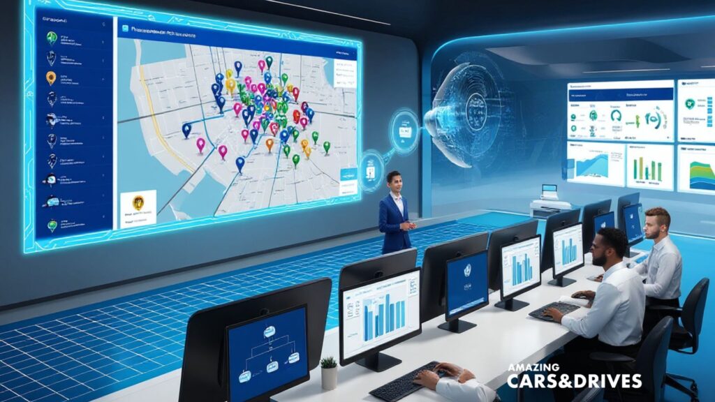 A group of people in a modern control room monitor data and maps on large screens, showcasing how AI in Fleet Management enhances real-time tracking with digital charts and a city map on advanced interfaces.