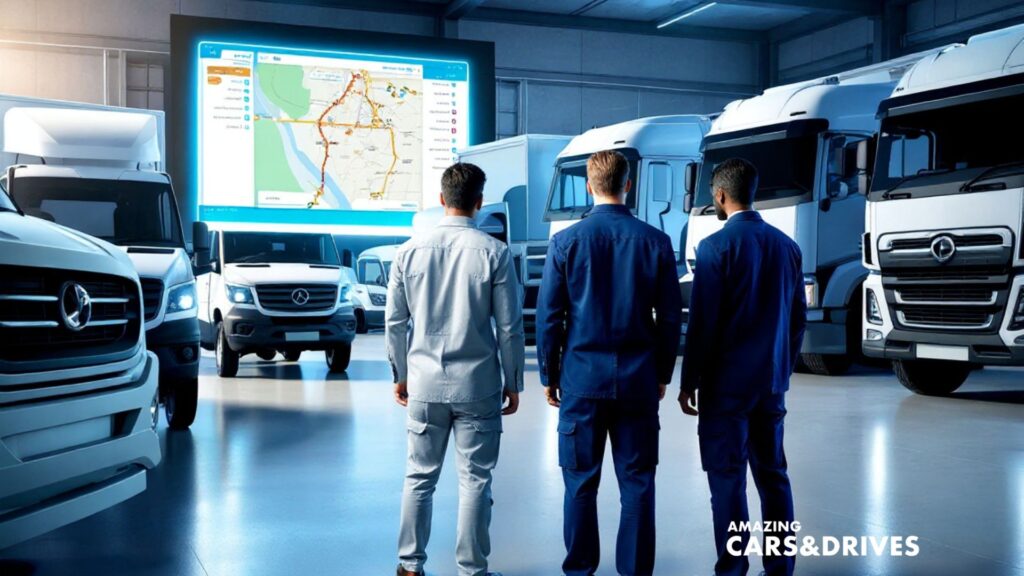 Three men in uniforms stand in a garage with several white trucks, facing a large screen displaying a digital map and AI in Fleet Management route information. The text “AMAZING CARS&DRIVES” appears in the corner.
