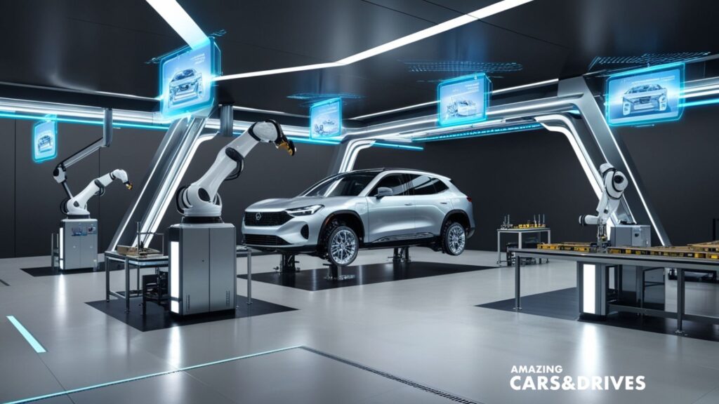 A silver SUV is being assembled by robotic arms in a modern, high-tech automotive factory equipped with AR systems and digital screens displaying car information.
