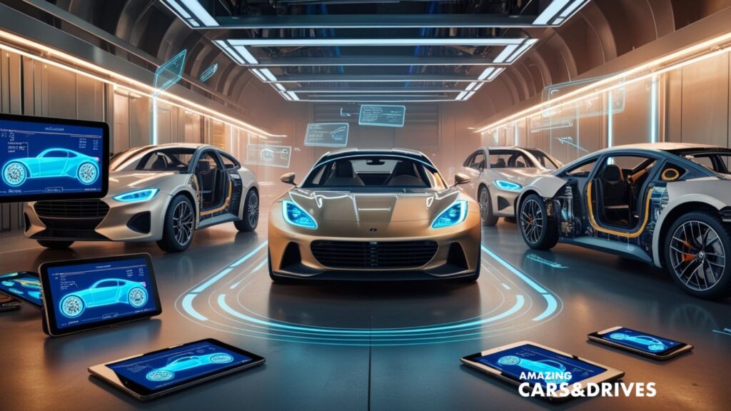 Three futuristic electric cars are displayed in a high-tech showroom, where digital screens and augmented reality enhance car data displays and technical diagrams. The sleek, modern environment highlights next-gen navigation technology.