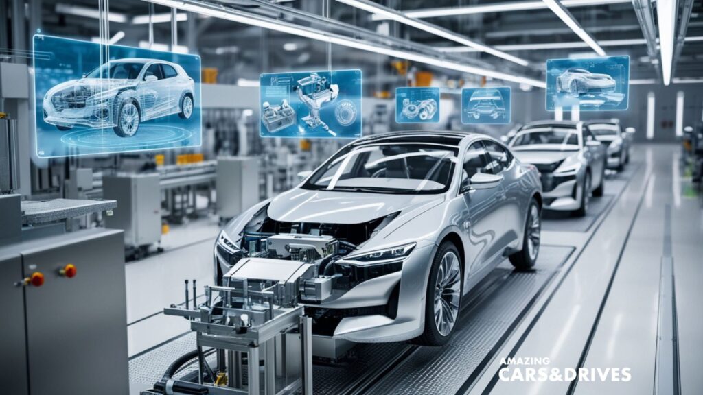 Modern car assembly line with partially assembled vehicles and digital schematics projected above each car using an advanced AR system, showcasing various mechanical components in a high-tech factory setting.