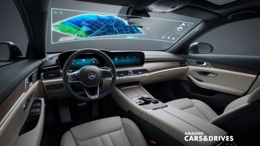 Modern Mercedes-Benz car interior featuring digital displays, a wide touchscreen dashboard with AR System navigation graphics, and beige leather seats. "AMAZING CARS&DRIVES" logo in lower right corner.