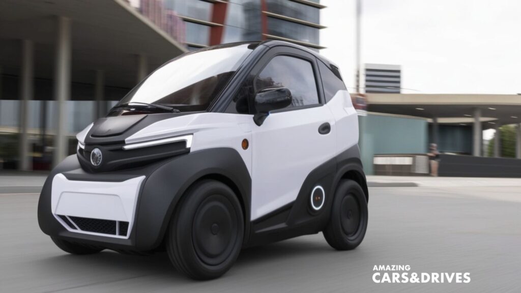 A small, modern, two-door electric city car—ideal for micro-mobility—drives on an urban road in daylight. The logo "AMAZING CARS & DRIVES" is in the bottom right corner.