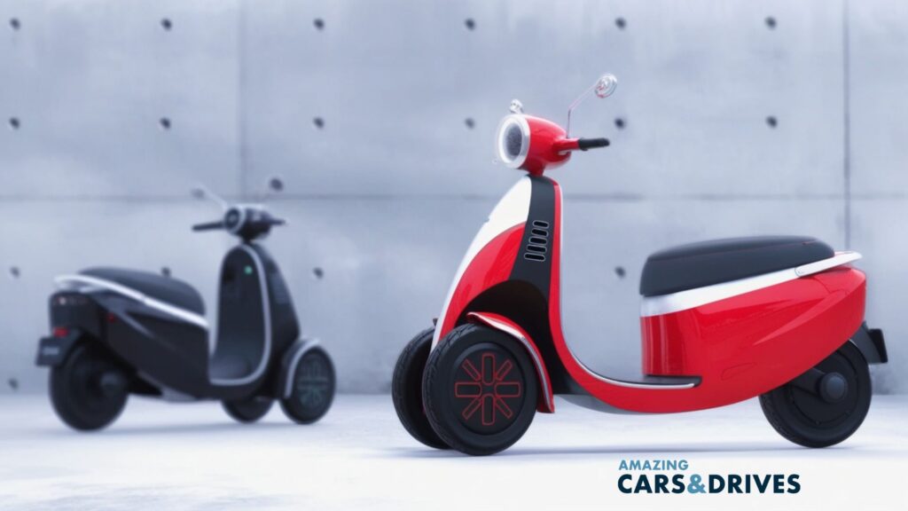 Two modern electric scooters, showcasing Micro-Mobility, stand parked in front of a concrete wall with circular indents—one red and white in the foreground, the other black in the background.