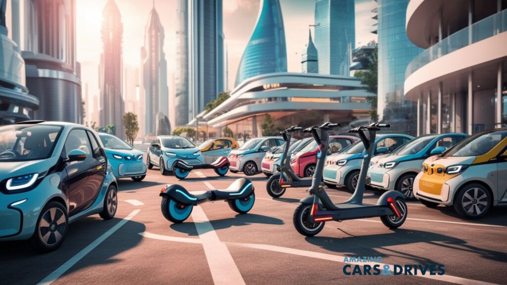 A variety of electric cars, scooters, and a self-balancing device—showcasing Micro-Mobility and City Cars—are parked on an urban street with modern skyscrapers in the background.
