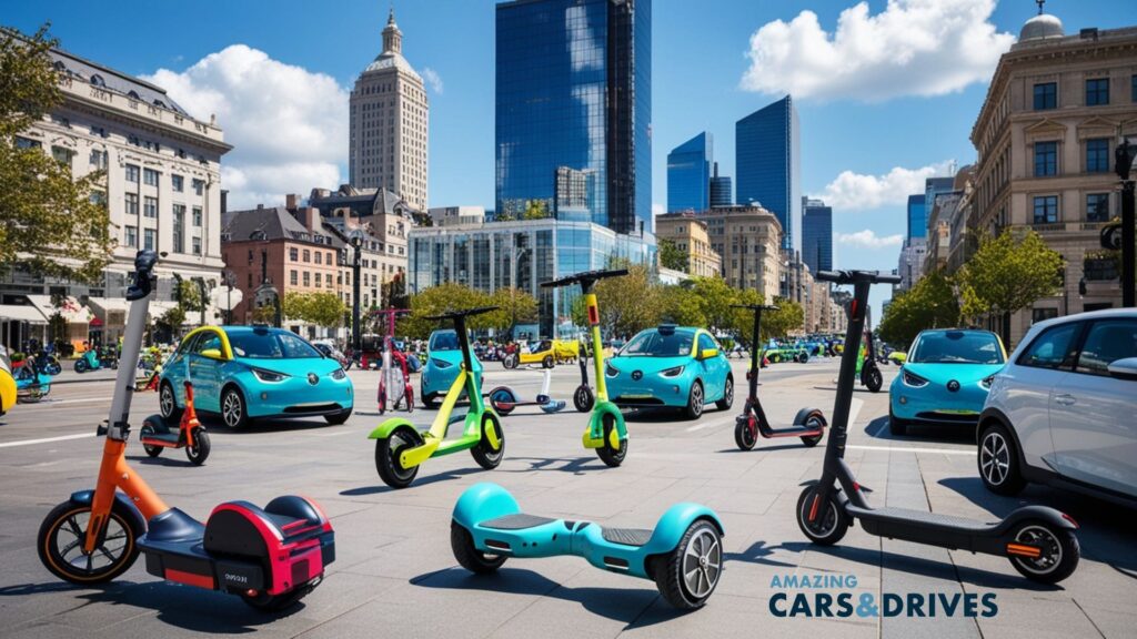 A variety of micro-mobility vehicles—including electric scooters, hoverboards, and city cars—are parked in a city square with modern buildings in the background.