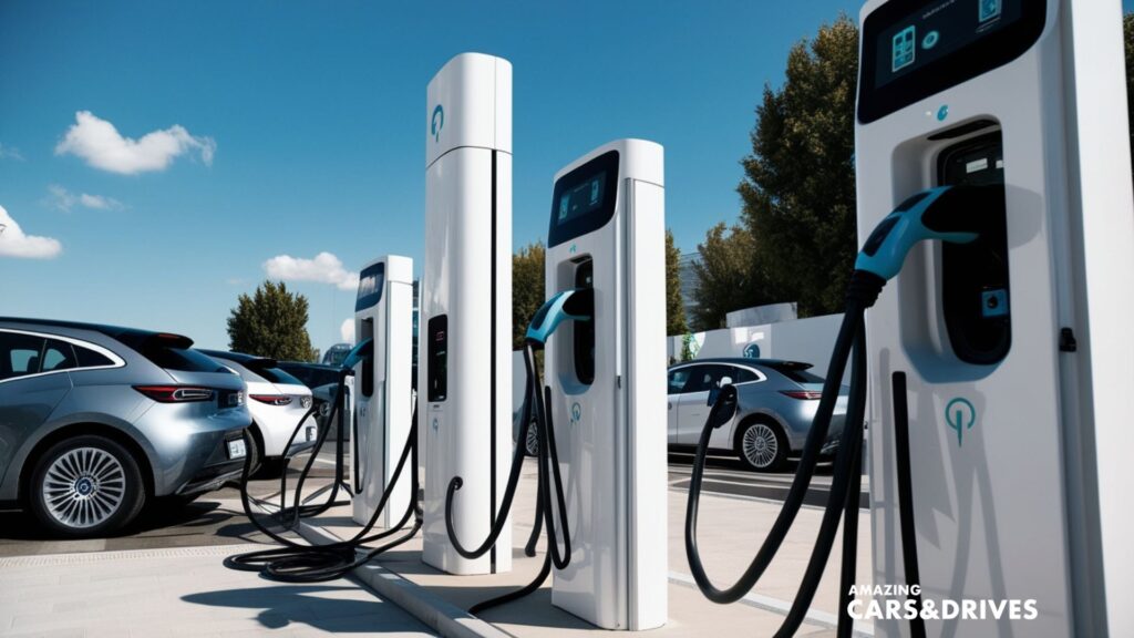 Several electric vehicles are parked and charging—some at modern stations, others likely benefiting from home charging. On a clear day, the "Amazing Cars & Drives" logo appears in the corner, subtly hinting at the hidden costs of charging electric cars.