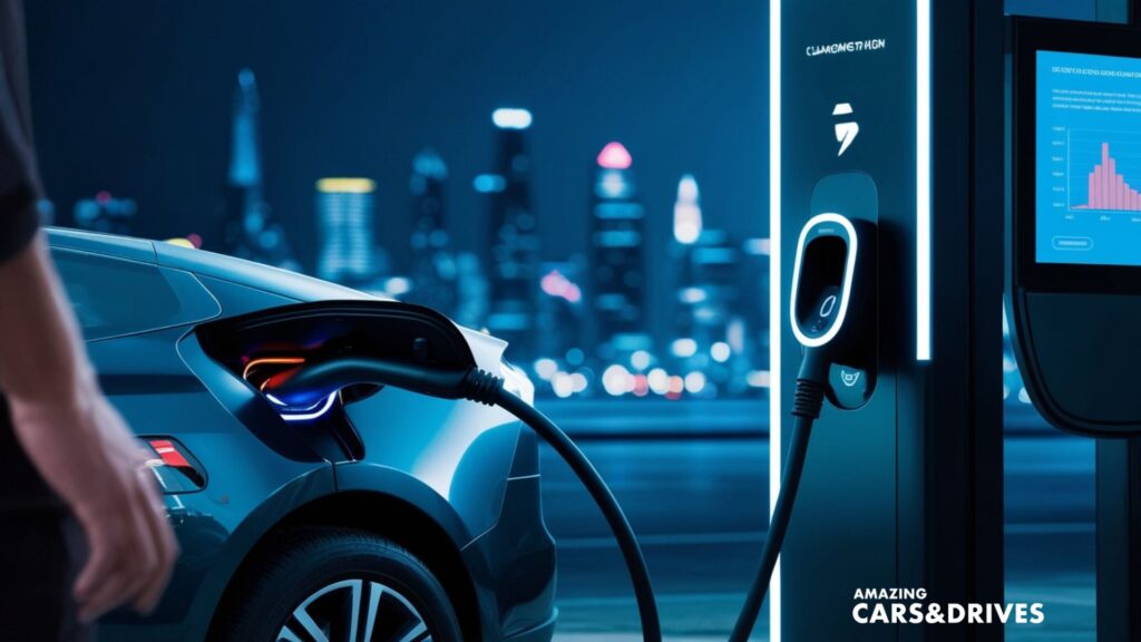 A person charges an electric car at a modern home charging station at night, with a city skyline and data display in the background, hinting at the Hidden Costs of Charging.