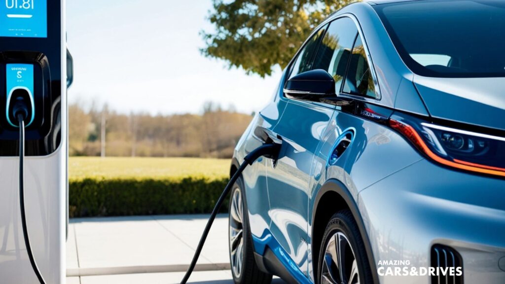 A silver electric car is charging at an outdoor station on a sunny day, with trees and bushes in the background—reminding drivers to consider the hidden costs of charging compared to home charging convenience.