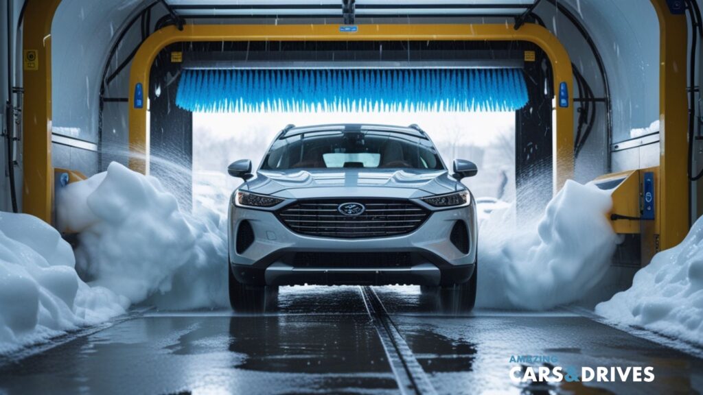 A white SUV enters an automatic car wash in winter, with snow piled on both sides and brushes overhead. The text "AMAZING CARS & DRIVES" appears in the lower right corner, capturing the car wash experience.