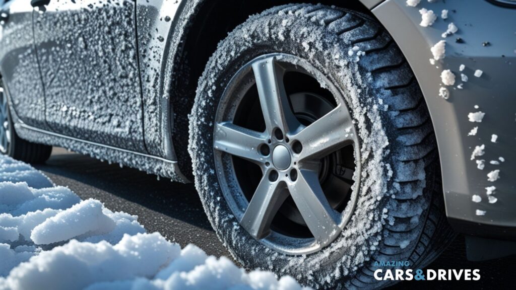 A close-up of a car tire covered in snow and ice, parked on a snowy road after a winter drive. Perfect time to consider a Car Wash. The "AMAZING CARS & DRIVES" logo appears in the bottom right corner.