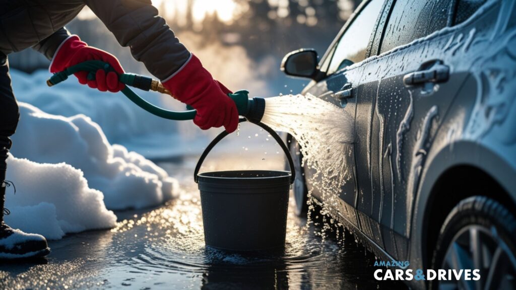 A person in red gloves tackles a winter Car Wash, using a hose and bucket to clean the car as water sprays onto it amid the snowy landscape.