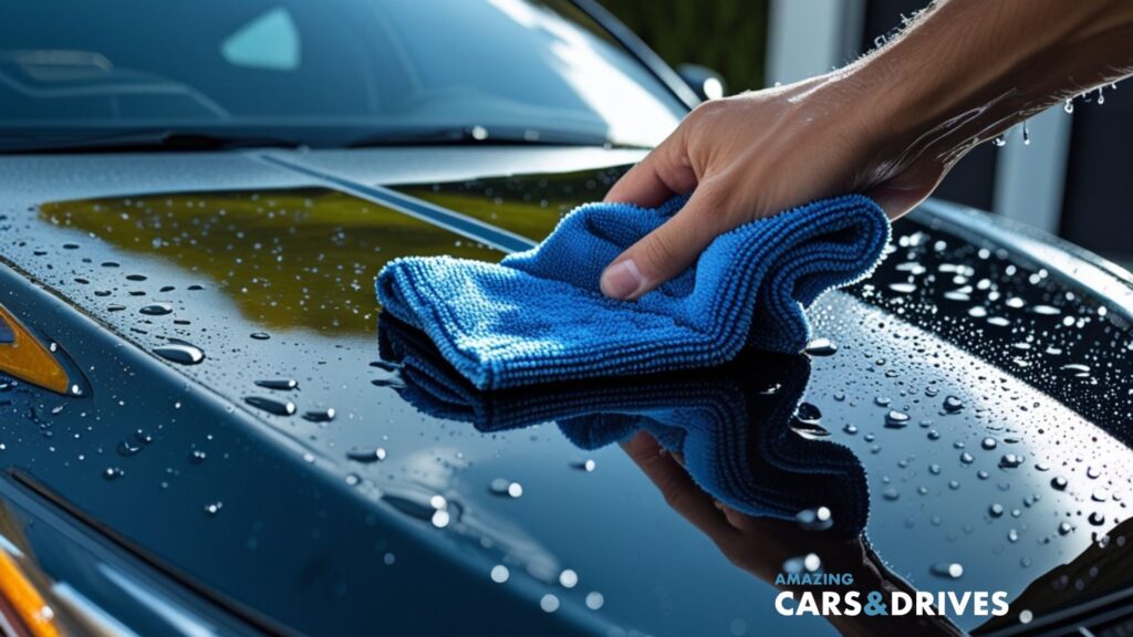 A person wipes water droplets off a Plasti Dip-coated, shiny black car hood with a blue microfiber cloth; "Amazing Cars & Drives" logo is visible in the corner.