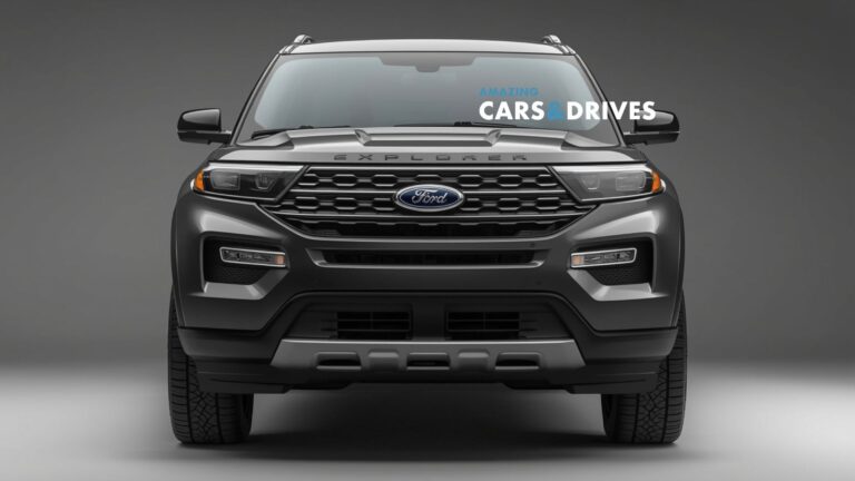 Front view of a black 2026 Ford Explorer SUV against a gray background with the text "AMAZING CARS DRIVES" displayed above the windshield.