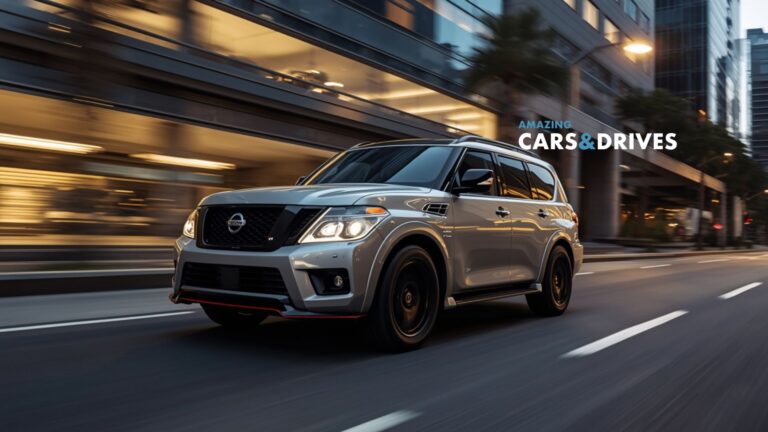 A silver 2026 Nissan Armada Nismo SUV drives on a city street lined with modern buildings; the text "Amazing Cars & Drives" appears in the background.