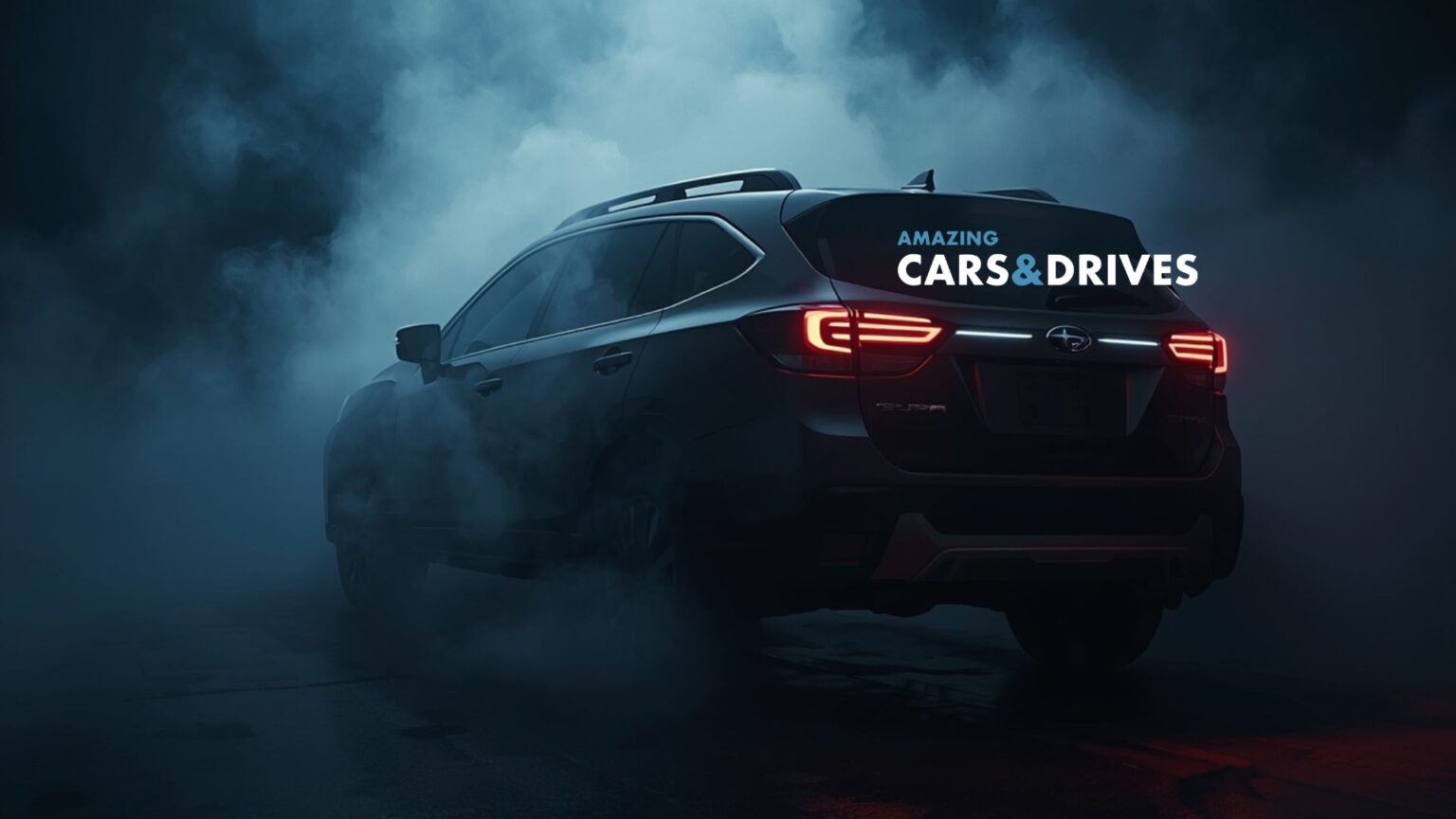 Dark SUV with headlights and taillights on, surrounded by fog on a wet road. The words "Amazing Cars & Drives" appear above the 2026 Subaru Uncharted vehicle.