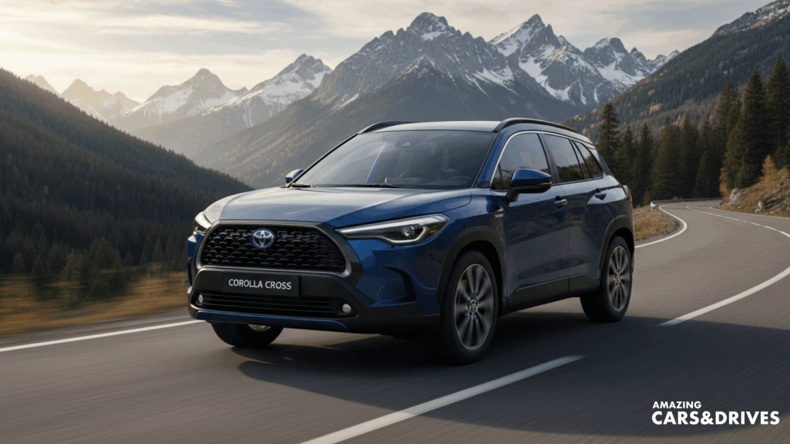 A blue Toyota Corolla Cross, the versatile crossover with modern style, drives on a winding mountain road lined with tall pines and snow-capped peaks. "AMAZING CARS & DRIVES" logo is in the bottom right corner.