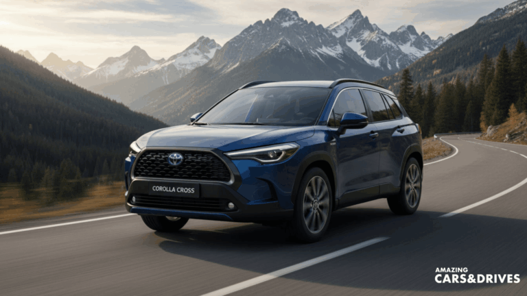 A blue Toyota Corolla Cross, the versatile crossover with modern style, drives on a winding mountain road lined with tall pines and snow-capped peaks. "AMAZING CARS & DRIVES" logo is in the bottom right corner.