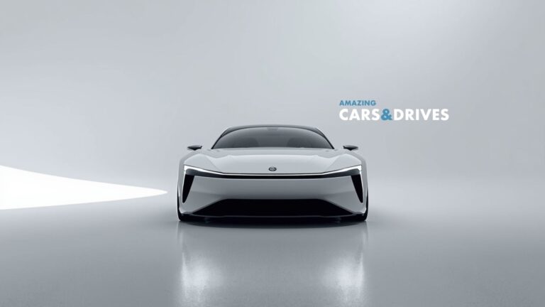 A sleek, white 2026 Afeela 1 futuristic car is positioned in the center of a minimalistic, light gray studio with "Amazing Cars & Drives" text in the background.