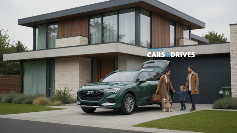 A family with a dog stands by a green 2026 Audi Q3 SUV with the trunk open in the driveway of a modern two-story house. The words “AMAZING CARS & DRIVES” appear above the Q3.
