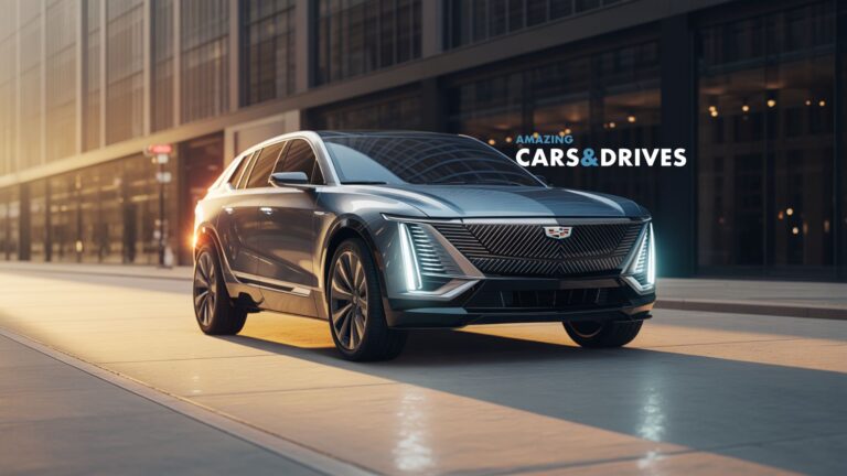 A sleek silver 2026 Cadillac Vistiq SUV is parked on a city street with modern glass buildings in the background; “Amazing Cars & Drives” text is visible.
