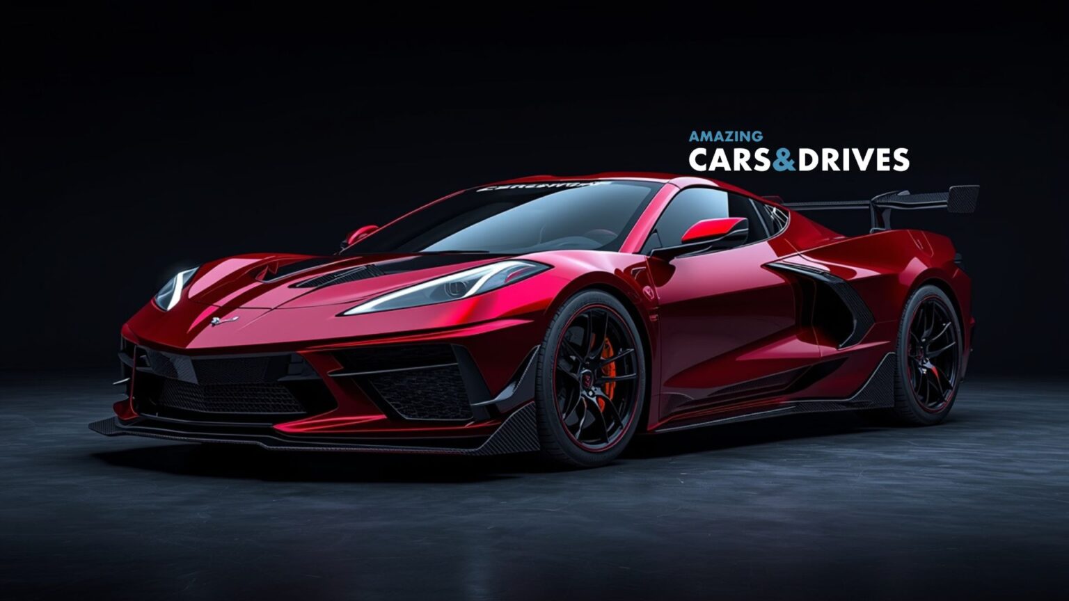 A 2026 Chevrolet Corvette is parked in a studio setting with the words "Amazing Cars & Drives" in the background.