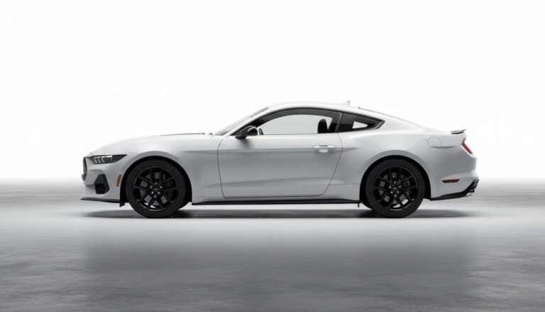 Side view of a 2026 Ford Mustang RTR sports coupe in white with black wheels, photographed in a studio setting against a plain light background.