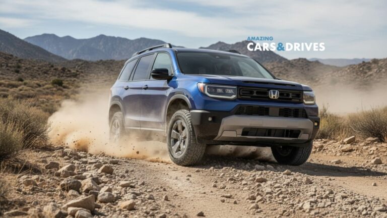 A blue 2026 Honda Passport SUV drives on a rocky, dusty off-road trail in a desert landscape with mountains in the background.