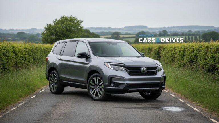 A silver 2026 Honda Pilot SUV is parked on a rural road bordered by green hedges, with fields and trees in the background.
