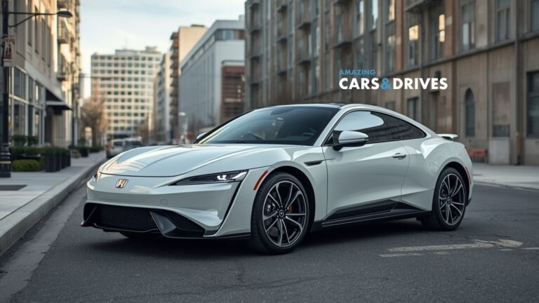 A sleek white 2026 Honda Prelude is parked on a city street in front of modern buildings, with the text “Amazing Cars & Drives” in the background.