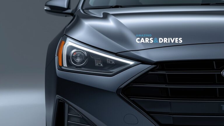 Close-up of the front left headlight and grille of a dark-colored 2026 Hyundai Elantra, with "Amazing Cars & Drives" text overlaid on the hood.