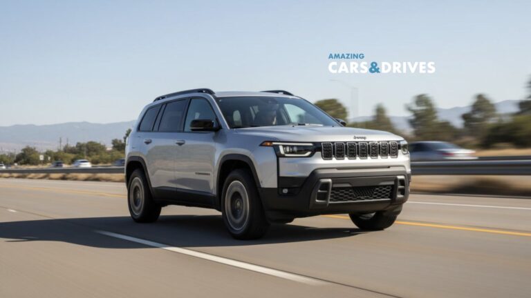 A white 2026 Jeep Cherokee SUV drives on a multi-lane highway with blurred trees in the background; "Amazing Cars & Drives" text appears in the sky.