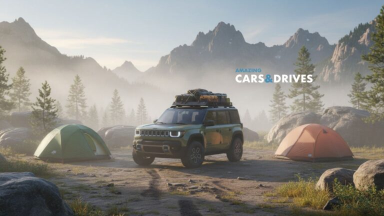 A green 2026 Jeep Recon with roof cargo is parked between two tents in a forested mountain campsite, surrounded by pine trees and rocky peaks.