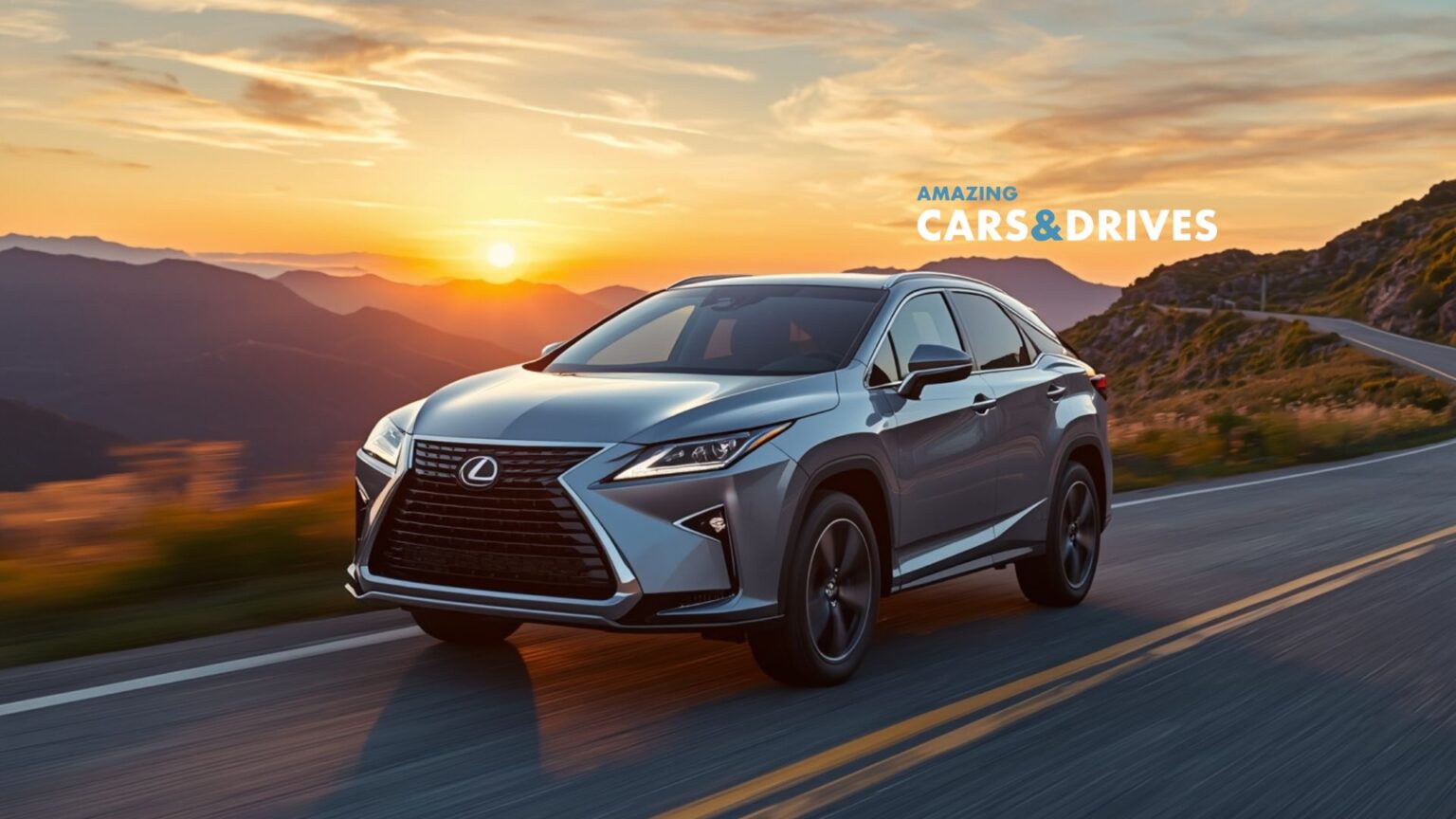 A silver 2026 Lexus RX SUV glides along a winding mountain road at sunset, with "Amazing Cars & Drives" text displayed in the sky above the vehicle.