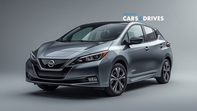 A gray 2026 Nissan Leaf electric car is parked in a studio setting with the text "Amazing Cars & Drives" displayed in the background.