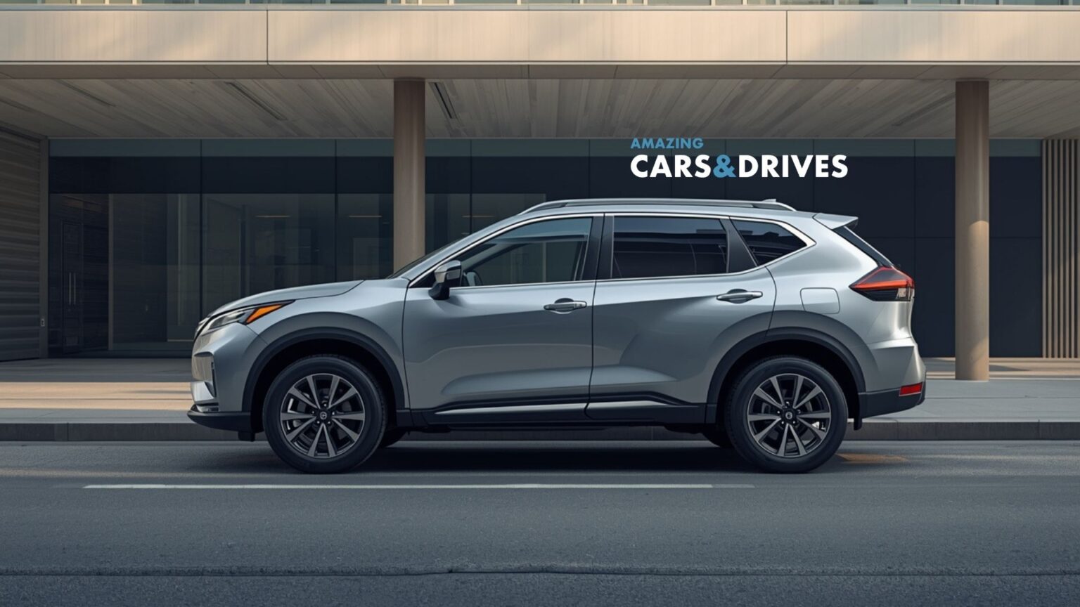 A silver 2026 Nissan Rogue Plug-in Hybrid is parked on the street in front of a modern building with a sign that reads "AMAZING CARS & DRIVES.
