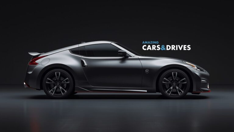 Side view of a matte black 2026 Nissan Z Heritage sports car parked indoors with "Amazing Cars & Drives" text in the background.