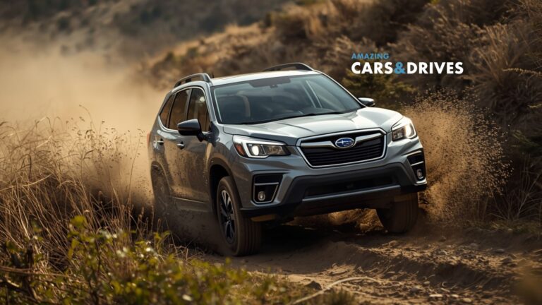 A silver 2026 Subaru Forester drives on a dirt road through dry, grassy terrain, kicking up dust. The text "Amazing Cars & Drives" appears in the background.
