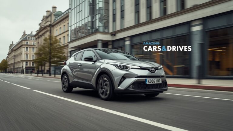 A silver 2026 Toyota C-HR drives on an empty city street near modern buildings, with the text "Amazing Cars & Drives" in the background.