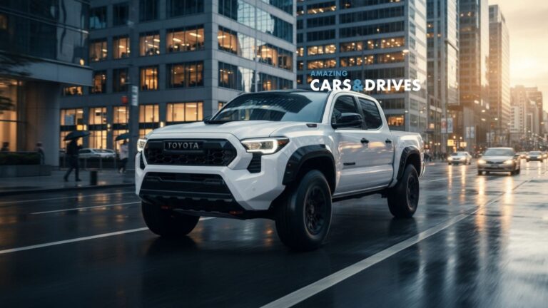 A white 2026 Toyota Tacoma drives on a wet city street at dusk, surrounded by tall office buildings with lights on. The words "Amazing Cars & Drives" appear in the background.