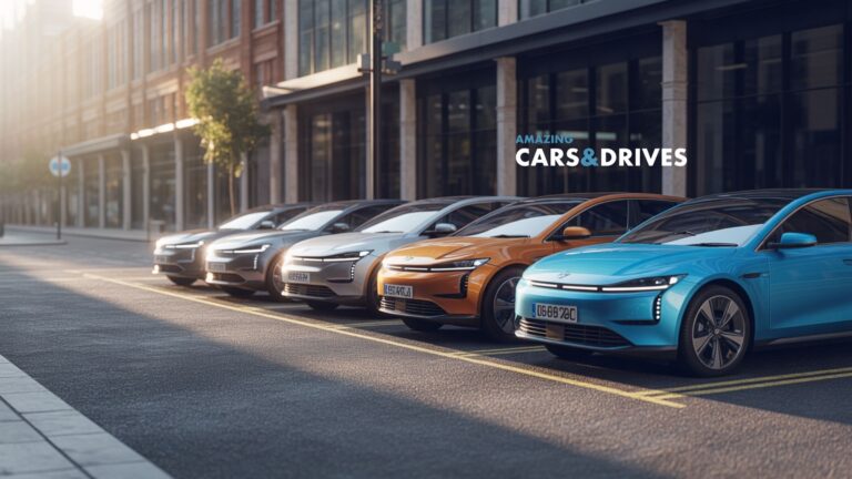A row of modern electric cars, including some of the Best Selling Electric Cars in UK 2025, is parked on a city street in front of glass buildings, with the text "Amazing Cars & Drives" in the background.