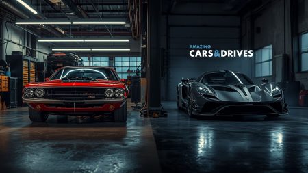 A classic red muscle car and a modern black Hennessey sports car parked side by side in a garage with "Amazing Cars & Drives" text on the wall.