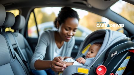 A woman secures a baby in a rear-facing Chicco Car Seat inside a car. The scene appears safe and calm, with a focus on proper car seat usage.
